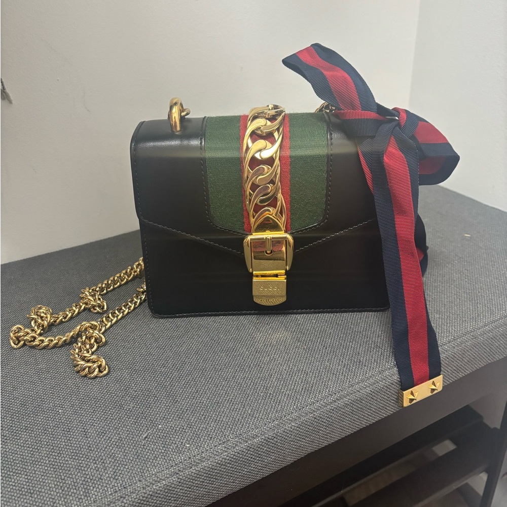 Gucci Sylvie Mini Black Leather Bag Green & Red Stripe and Gold Chain Authentic